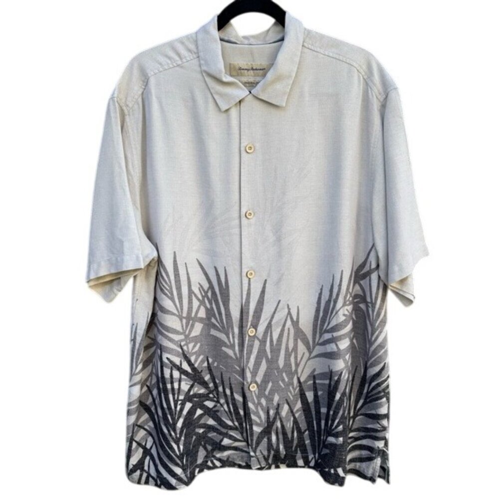 Tommy Bahama Silk Mens Button-Up Shirt Black Palm Leaf Short Sleeve XL Resortwea